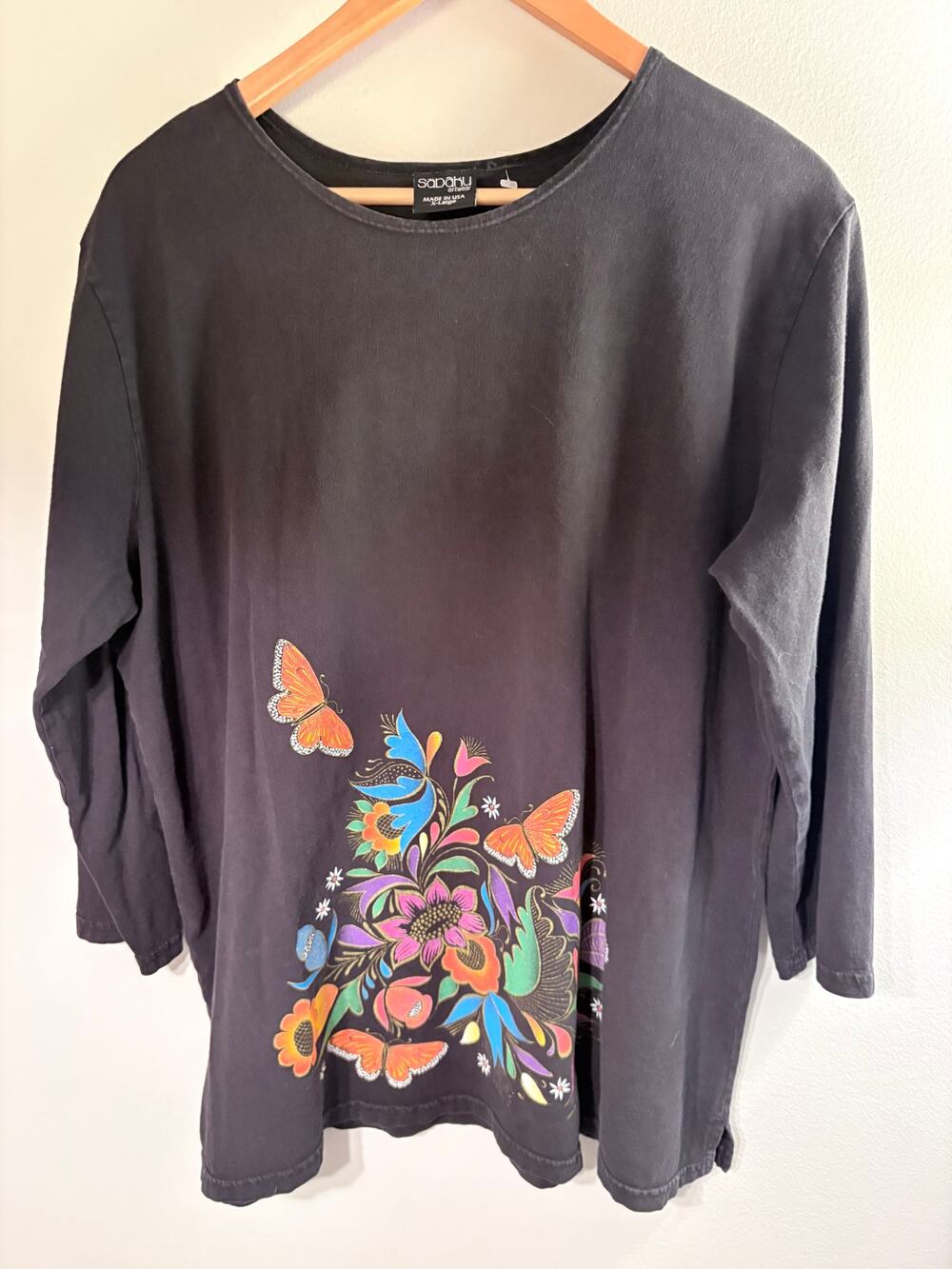 Sabaku Artwear Womens XL Black Butterfly Floral Wearable Art 3/4 Sleeve Cotton